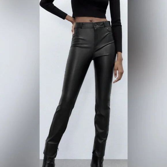 ZARA Slim Fit Ankle Mid Rise Faux Leather Cotton Blend Stretch Skinny Pants - Picture 2 of 10
